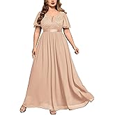 MISSMAY Women's Plus Size Sequin Lace V Neck Formal Wedding Guest Chiffon Maxi Dress
