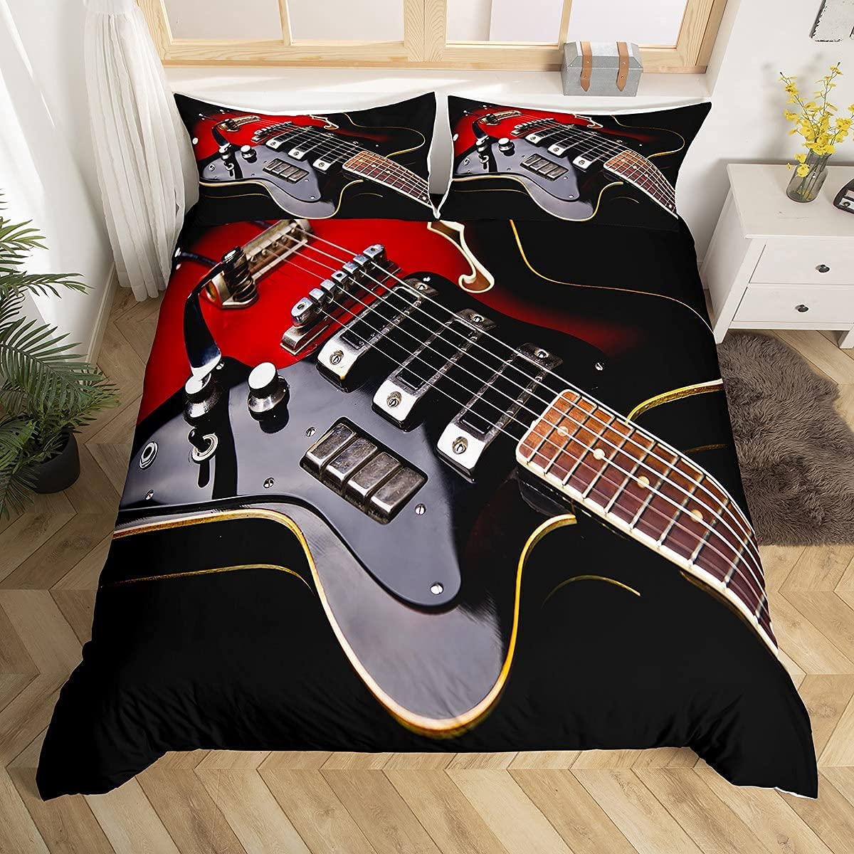 Guitar Duvet Cover, Music Theme Comforter Cover Set for Boys Teens Rock Musical Instrument Pattern Red Black Bedding Set, Soft Microfiber Bedspread with Zipper Ties, Single Size — image 1