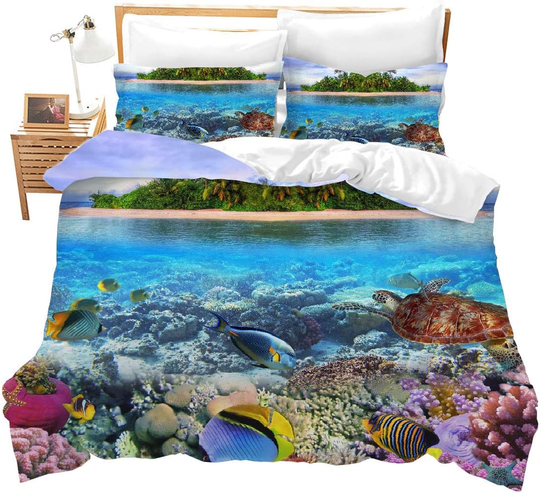 Erosebridal Tropical Sea Duvet Cover Set Swimming Sea Turtle Fish Bedding Set Full for Kids Gift Soft Microfiber Ocean Blue Comforter Cover Beach Theme Decor Quilt Bedspread Cover for Women,Men,Teens