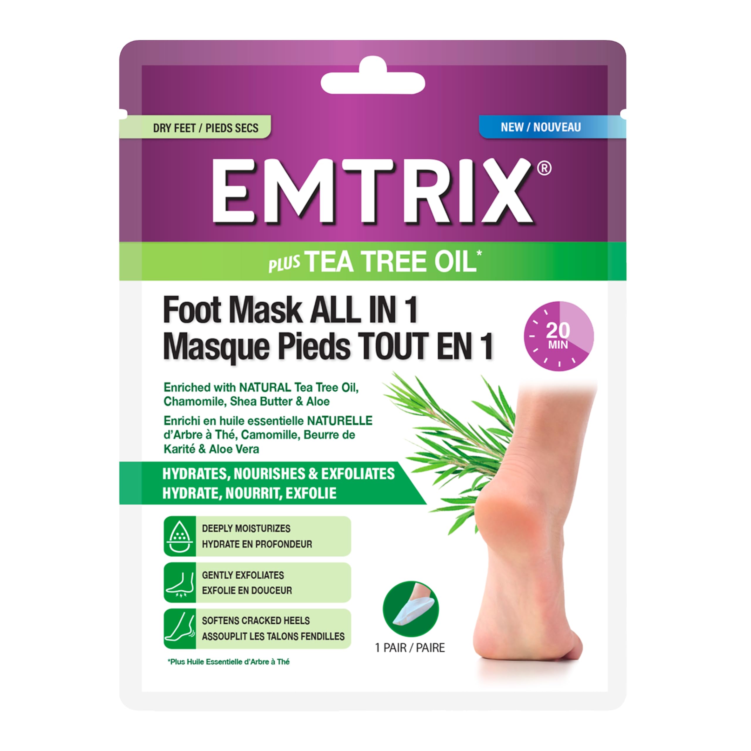 Emtrix Foot Mask Socks All in 1, Moisturising Foot Mask with Natural Tea Tree Oil, Designed to Hydrate, Exfoliate & Soften Cracked Heels in 20 Minutes for Baby Soft Feet - (1 Pair)