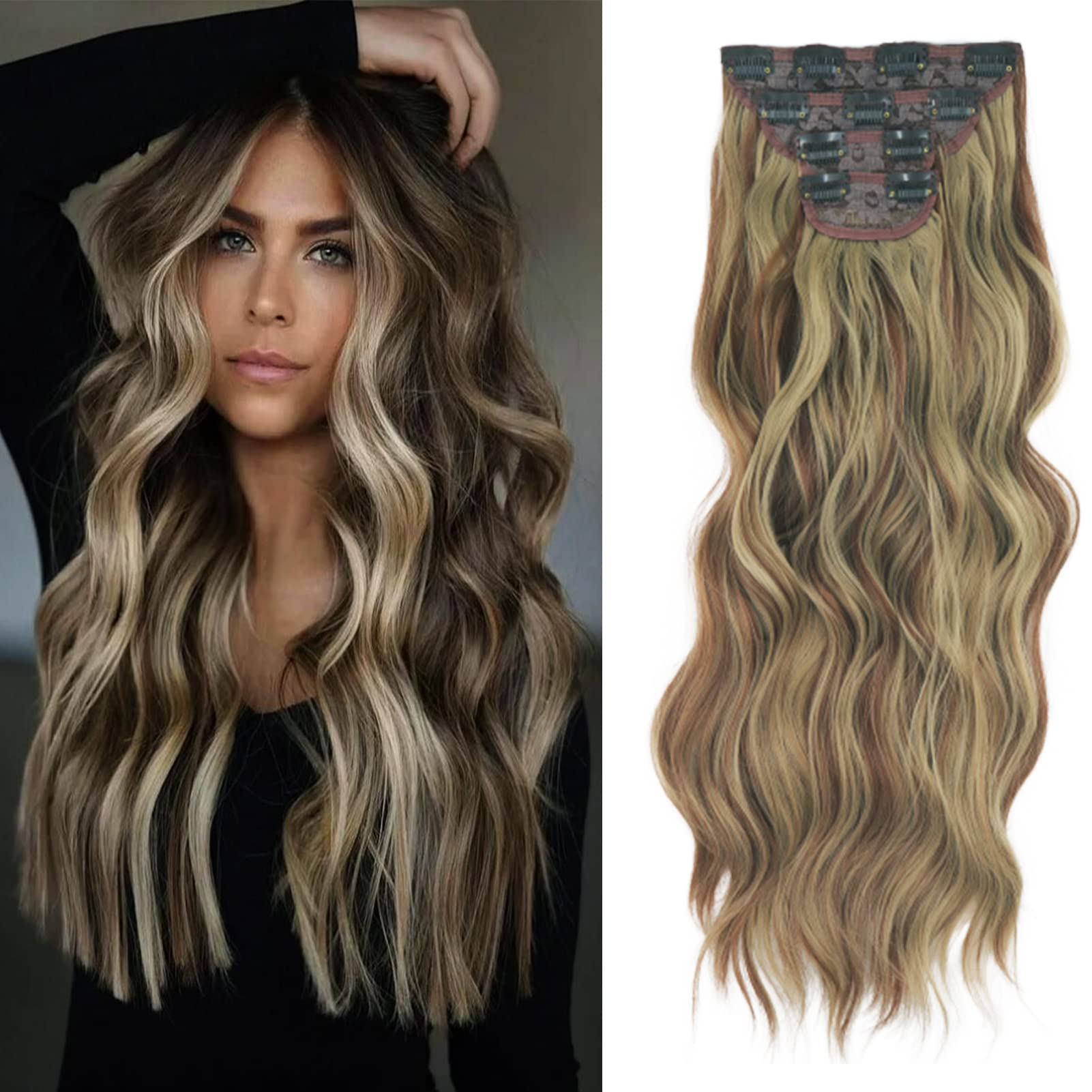 Gairyan Clip in Hair Extensions 4PCS Curly Wavy Long Hair Pieces Full Head Synthetic Hair Extension Thick Natural Look for Women, 22 Inches 220g, Golden Brown&Natural Blonde