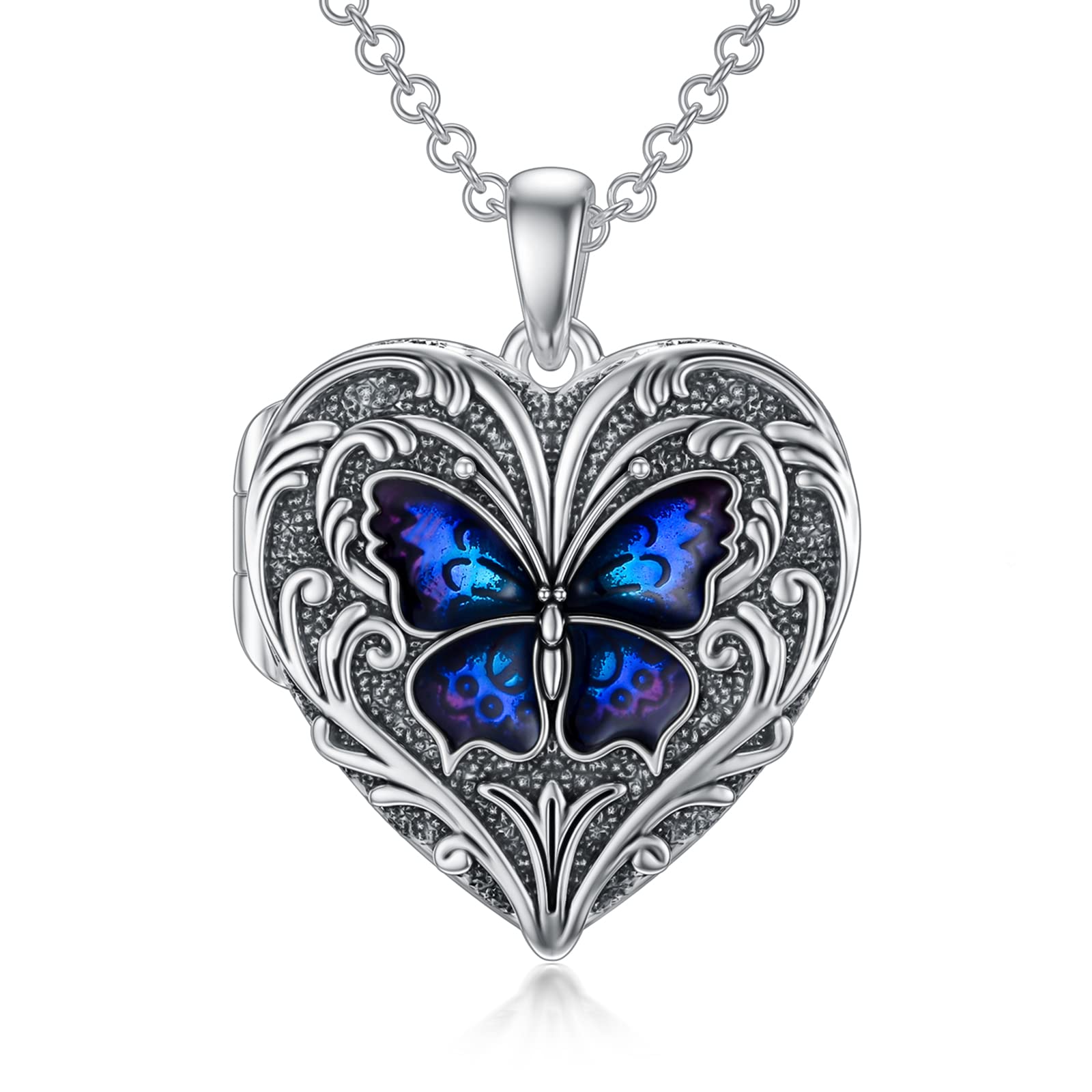 SOULMEET Blue Morpho Butterfly Heart Locket Necklace That Holds 2 Pictures Sterling Silver Photo Locket Pendant (Locket only)