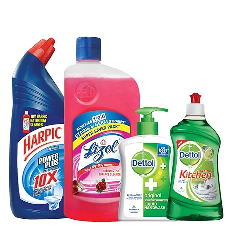 Harpic Household Cleaning Kit (Harpic - 1 L (Original), Lizol - 975 ml (Floral), Dettol Hand Wash Original - 200 ml, Dettol Kitchen Gel - 400 ml (Lemon))