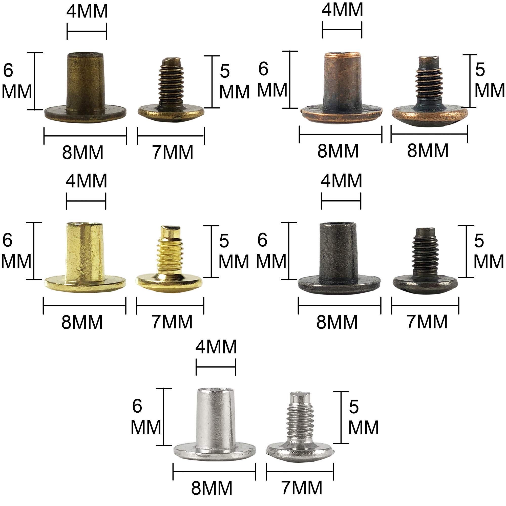 150 Sets Round Flat Head Chicago Screws Buttons Metal Studs Rivets Screwback Spots Metal Nail Rivet Studs for Leather Crafting 5/16 Inch (Mixed in Box)