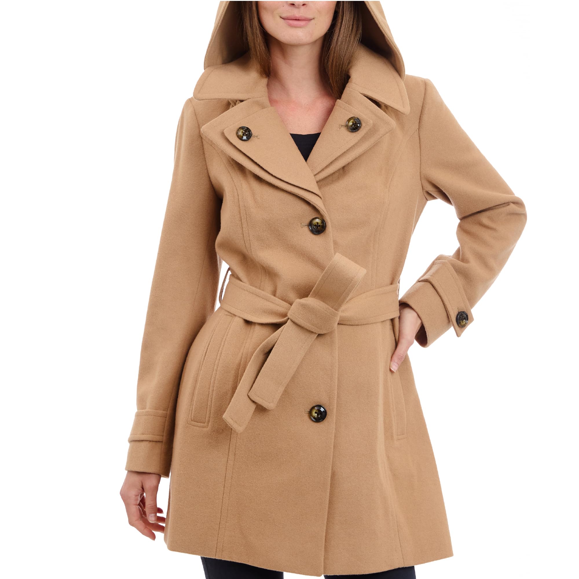 Photo 1 of London Fog Women's Double Lapel Thigh Length Button Front Wool Coat with Belt, Camel, X-Large