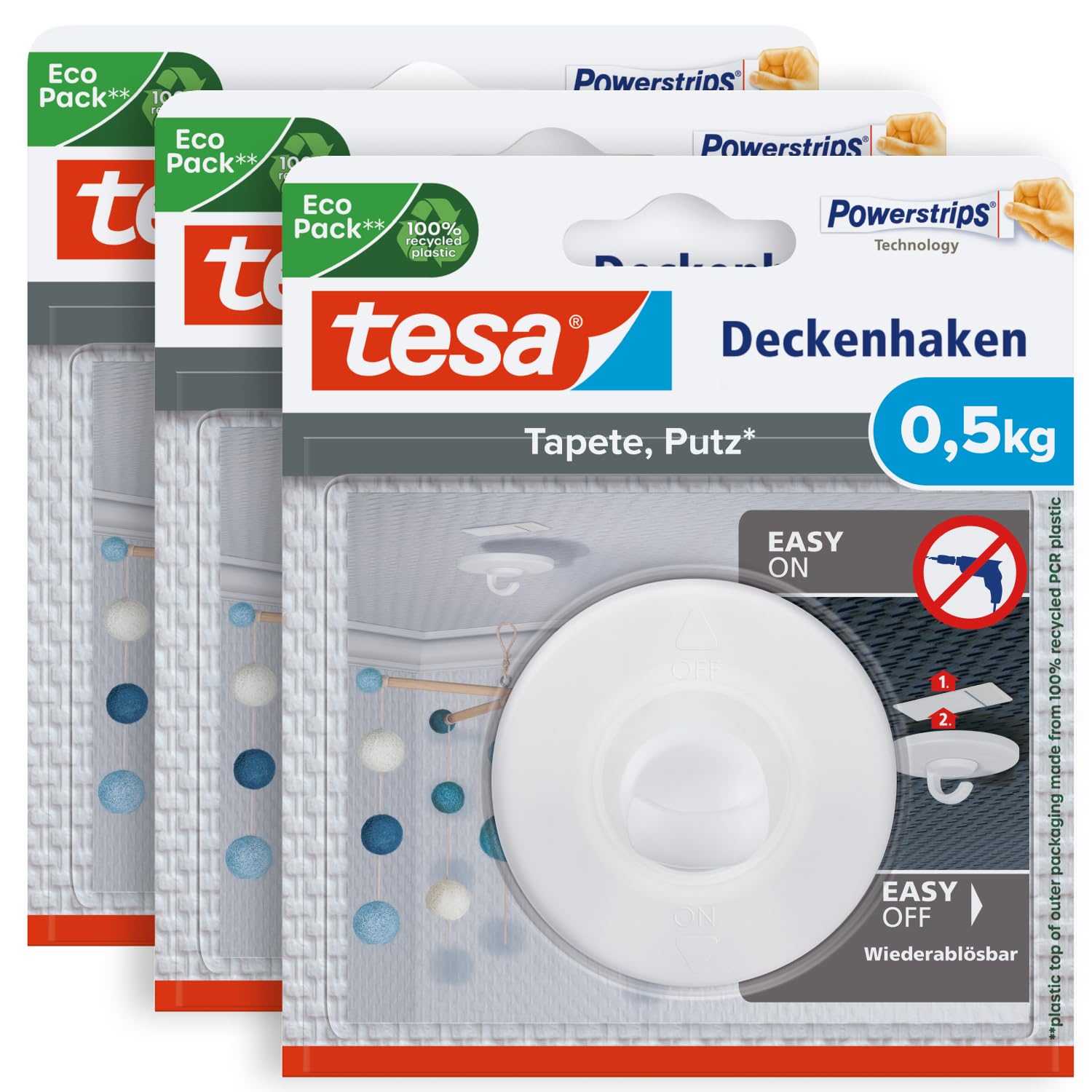 Tesa self-Adhesive Ceiling Hook., 77781, Pack of 3