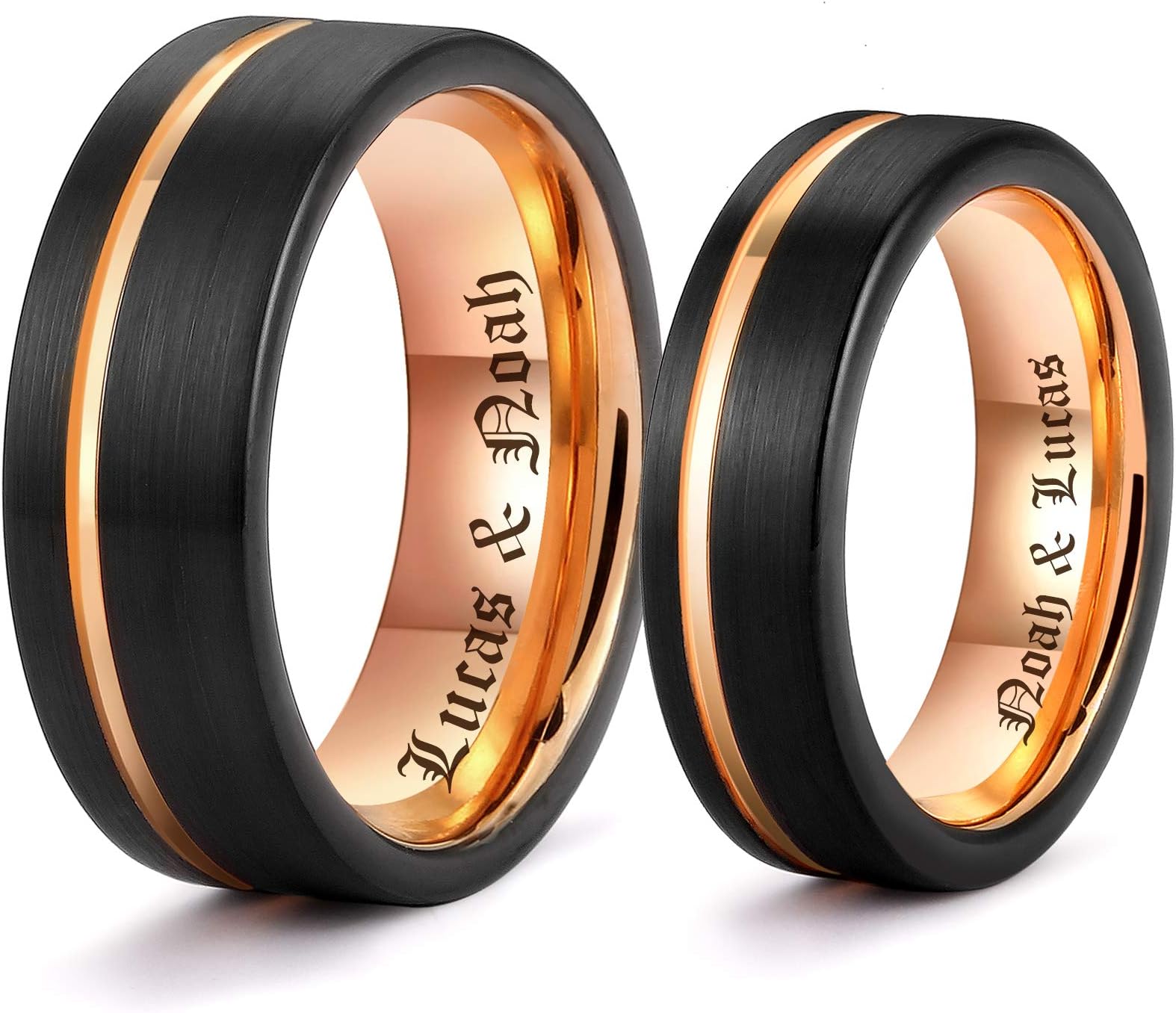 LerchPhi Personalized Engraved Promise Ring for Couples Engagement Wedding Bands Couples Matching Rings Black Tungsten Carbide Satin Finish Rose Gold Comfort-fit