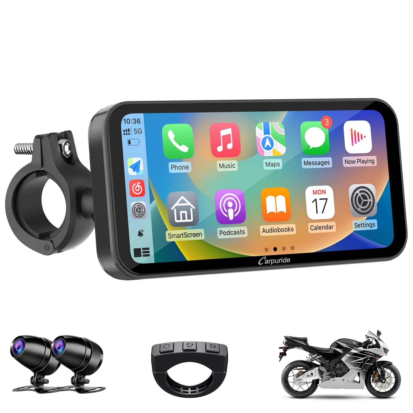 Photo 1 of (missing pieces) Carpuride W603D Motorcycle GPS Carplay Screen, Wireless CarPlay & Android Auto for Moto, with HD 1080P Dual Cameras