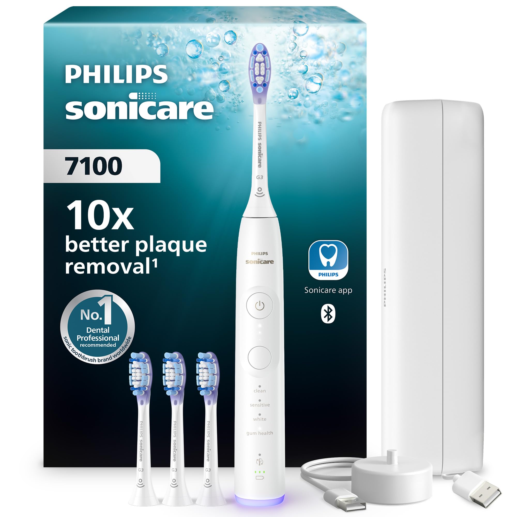 Philips Sonicare 7100 - Brosse à dents électrique avec 4 modes de brossage et 3 niveaux d'intensité, Alerte de pression, EasyStart, SmarTimer, Blanc, modèle HX7420/08 [Nouvelle technologie]