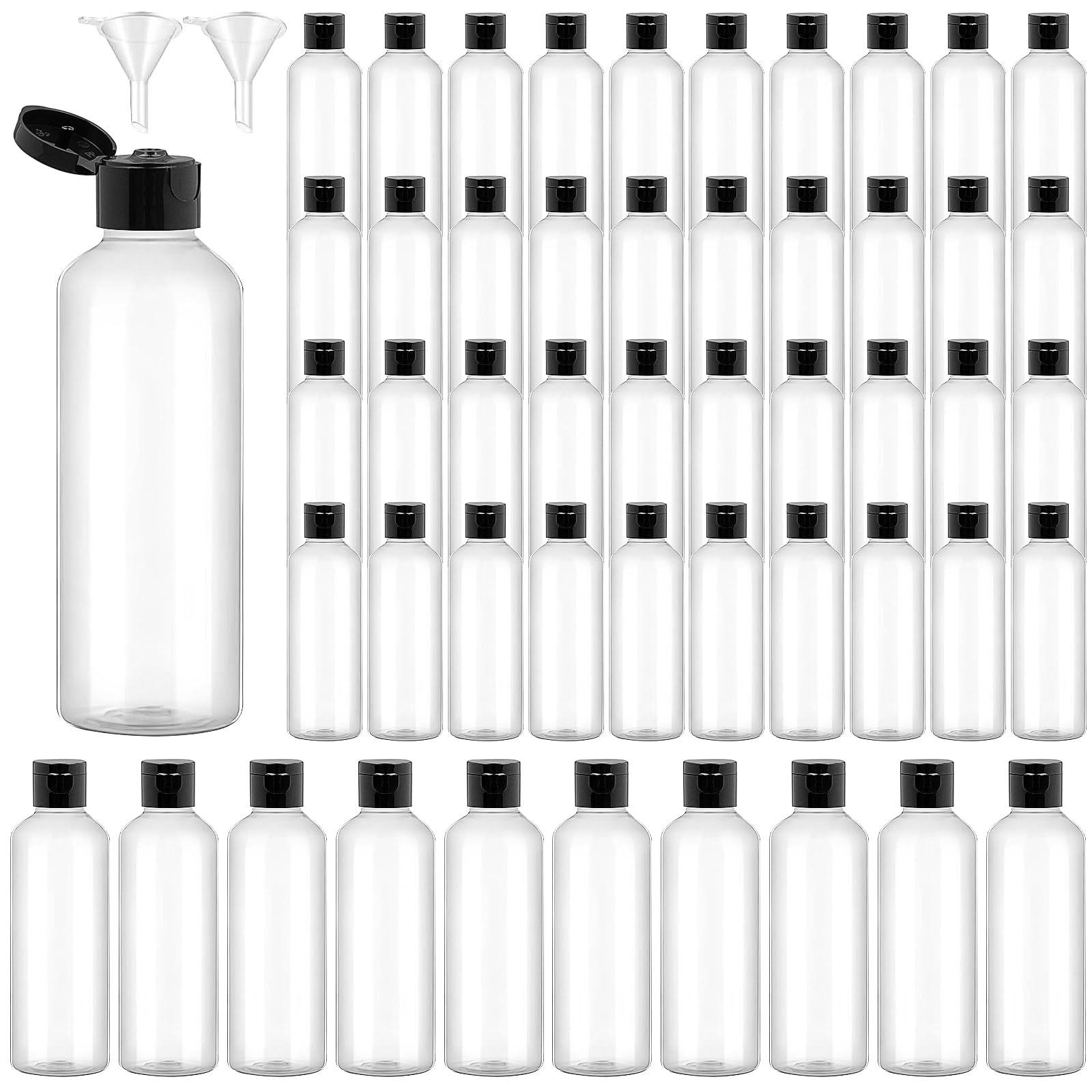 Xaztr 50 Pack Empty Shampoo Bottles, 100ml Small Travel Bottle for Liquid, Clear Plastic Bottles with Flip Cap and Funnels, Refillable Cosmetic Container Squeeze Bottle for Lotion Toiletry