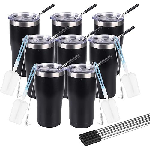 SERENCOZY 20oz Stainless Steel Tumbler With Lid and Straw Vacuum Insulated Tumbler Double Wall Travel Mug Coffee Cup for Hot Beverage and Cold Drinks (Black, 8 Pack)
