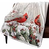 Vandarllin Christmas Throw Blanket Cardinals Birds Thick Warm Winter Blanket Pine Tree Red Berry Christmas Blanket Sherpa Fleece Blanket for Bed Sofa Couch Chair, 50 x 60 Inches