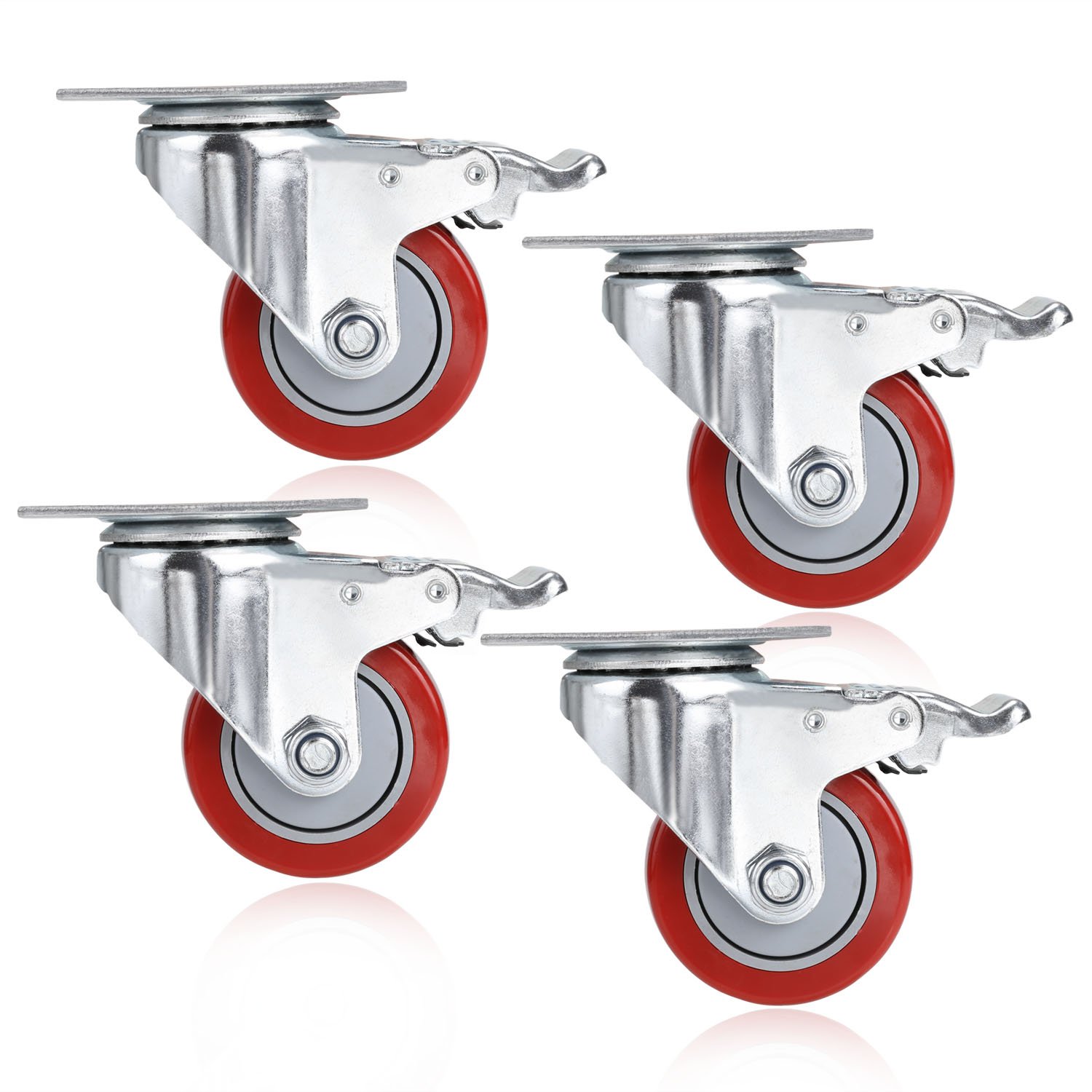 Homdox 4 Pieces 3" Castor Wheels Castor Swivel Wheels with Brake, Red