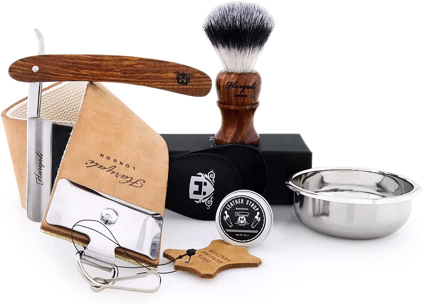 Vintage Style Men's Shaving Set with Synthetic Hair Shaving Brush,Cut Throat Razor/Barber Style Razor, Pure Leather Strop & Sharping Paste,Stainless Steel Bowl with Free Aluminum Stick (Dark Brown)