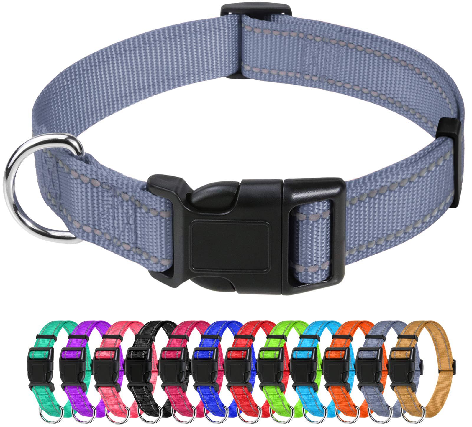 TagMe Reflective Nylon Dog Collars, Adjustable Classic Pet Collar with Quick Release Buckle for Medium Dogs, Grey, 2.5 cm Width