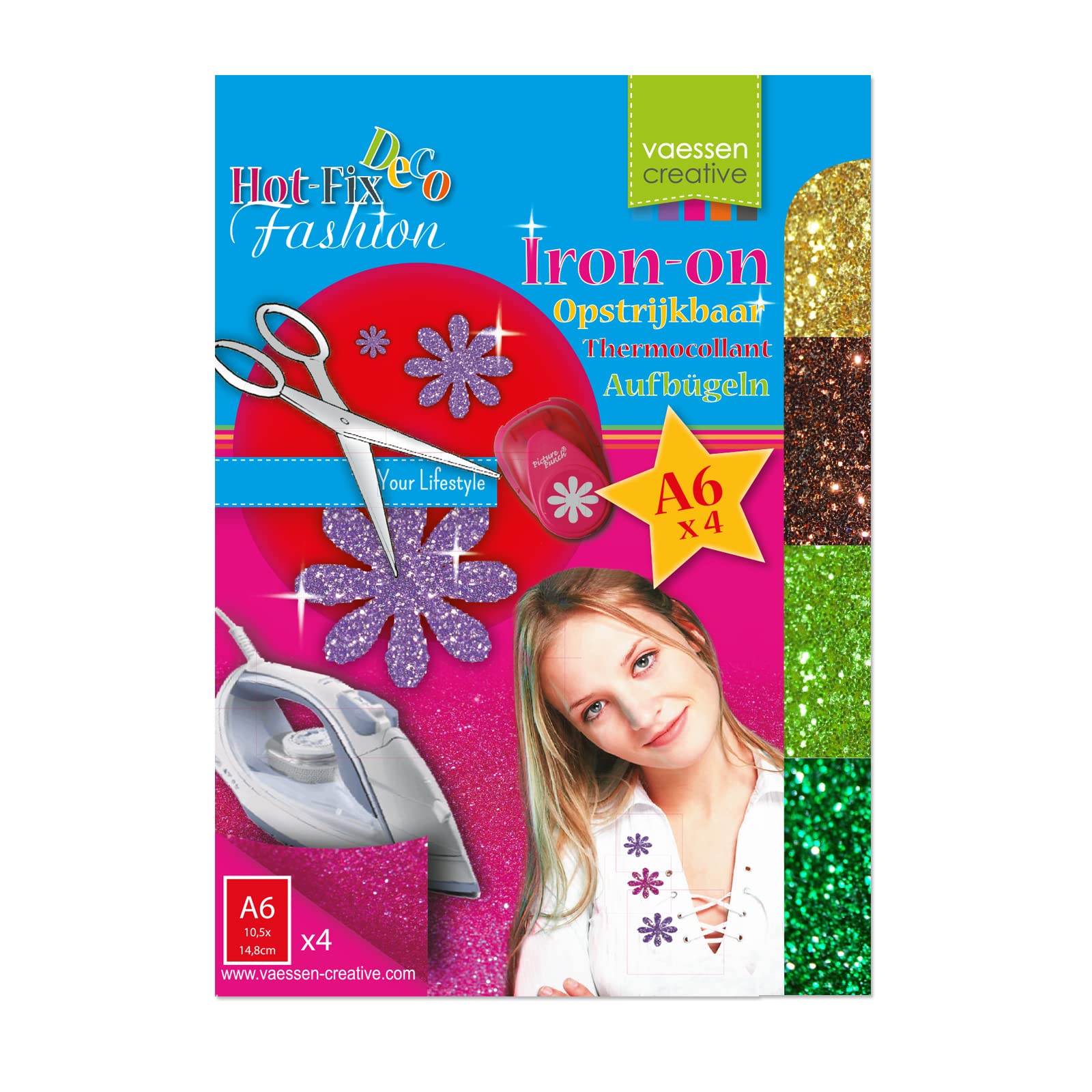 Vaessen Creative Hot-Fix Glitter Transfer 14,8x10,5cm x4 Sheets, Multi-Colour, 14.8x10.5x0.1 cm