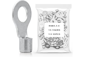 DQLIOWUO 50Pcs 1/4" Non-Insulated Ring Terminal,12-10 AWG Red Copper Wire Connectors,O-Type Crimp Connector Terminal Kit