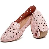 HEAWISH Women's Floral Ballet Flats for Women Black Beige Slip On Flowers PU Leather Round Toe Dress Shoes