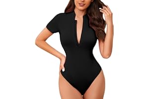 LUOFEN Women's Short Sleeve Tops Summer Casual Tops for Women Ribbed T-shirts Zip Front Bodysuits