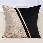 Alerfa 18 x 18 Inch Black Beige Gold Leather Patchwork Velvet & Polyester Cushion Case Luxury Modern Square Throw Pillow Cover Decorative Pillow for Couch Sofa Living Room Bedroom Car 45 x 45cm
