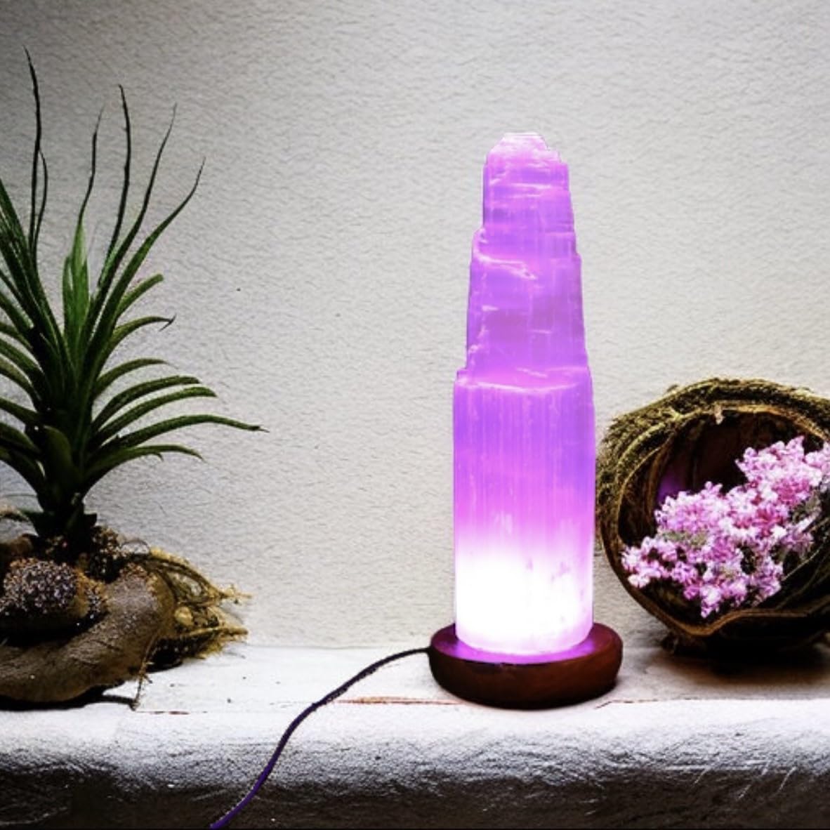 4All Selenite Crystal Rock LED USB Lamp Handmade Multi-Colour Mountain Tower Lamp Spiritual Energy and Healing Meditation Home Decoration Gifts Table Lamp Mineral Wooden Base (30cm)
