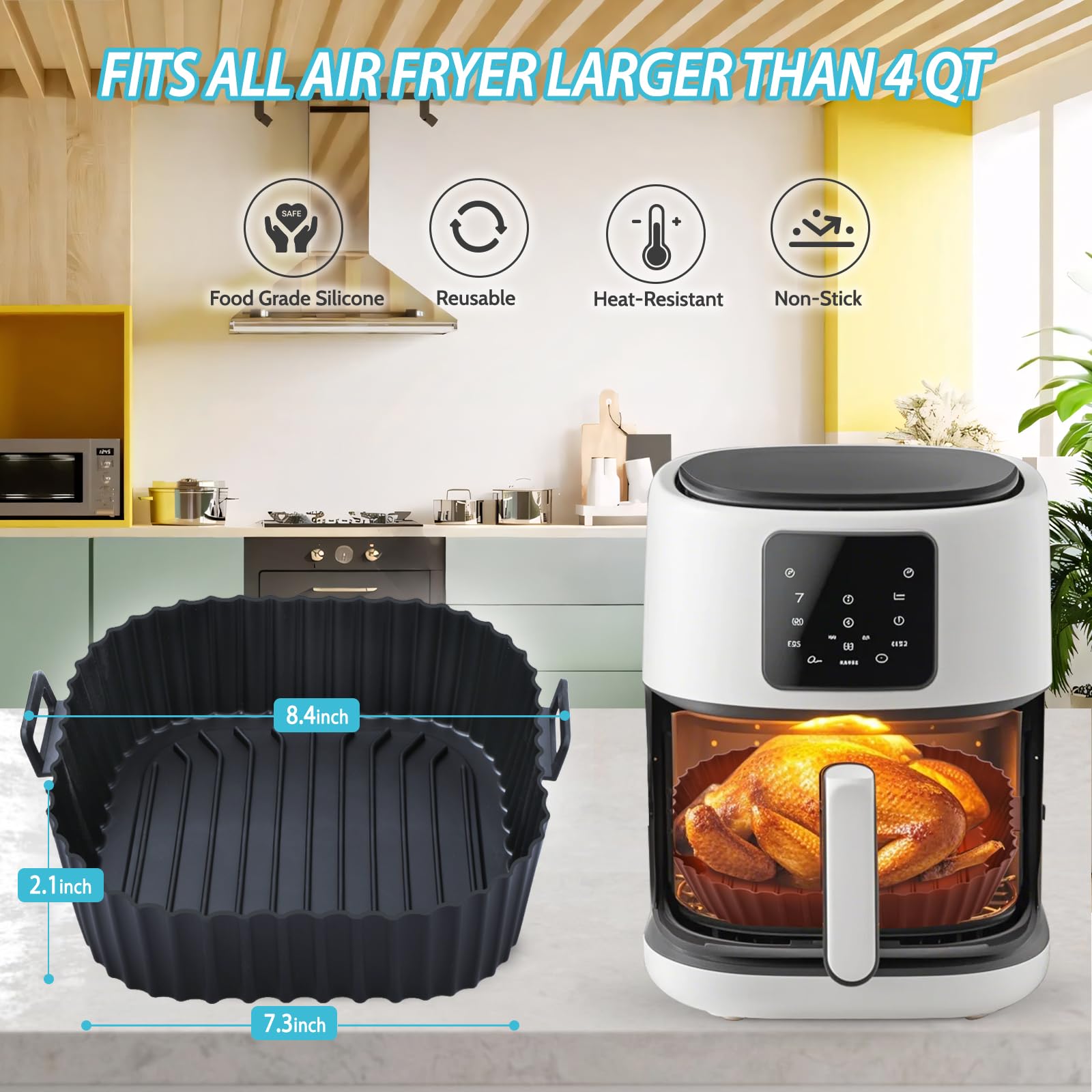 Silicone Air Fryer Liners Reusable 3 PCS, Airfryer Liners, Silicone Air Fryer Basket Liners Square, Food Grade AirFryer Accessories 4-7 QT, Ktchen Gadgets for Pot Oven Liner Baking Tray Pan