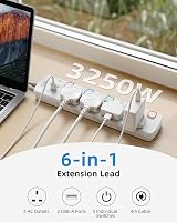 Mscien 4 Port Extension Lead with USB 2 Ports 4m Wall Mount White view 2