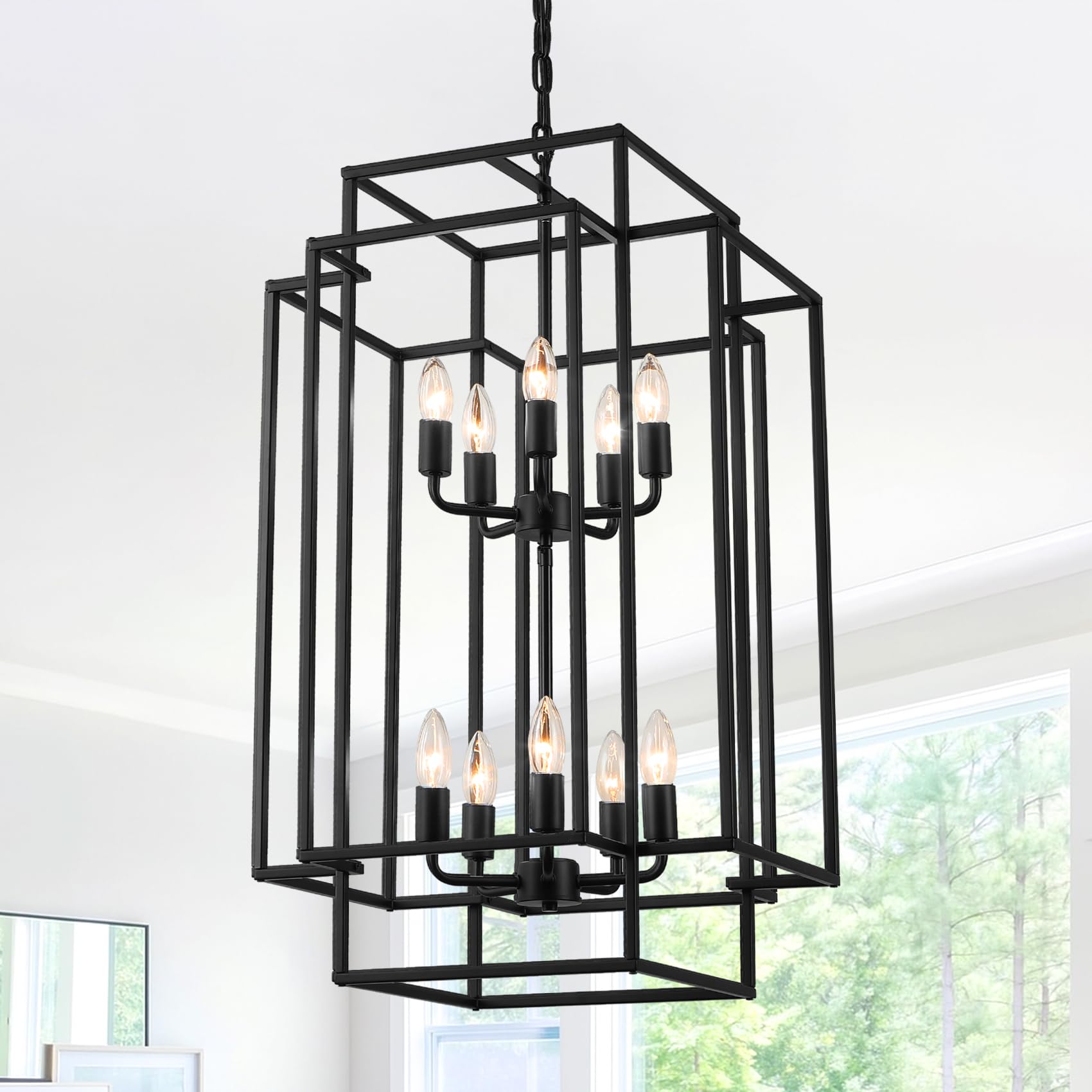 Photo 1 of * BULBS AND POTENTIAL ISSUE WITH OR HARDWARE NOT INCLUDED * 10-Light Black Chandelier, Modern Farmhouse Chandeliers for Dining Room, Rustic Industrial Foyer Lighting Fixtures, Large Hanging Lantern Tiered Pendant Chandelier for High Ceiling Staircase Entr