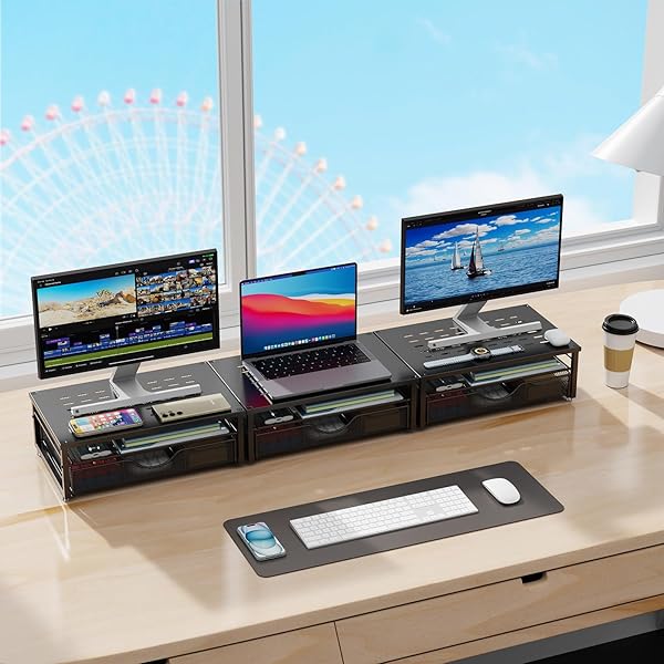 GIANOTTER COMPUTER MONITOR STAND RISER, DESK ORGANIZERS AND ACCESSORIES WITH DRAWER, OFFICE DESK ACCESSORIES & WORKSPACE DESKTOP ORGANIZERS STORAGE FOR PRINTER STAND (BLACK)