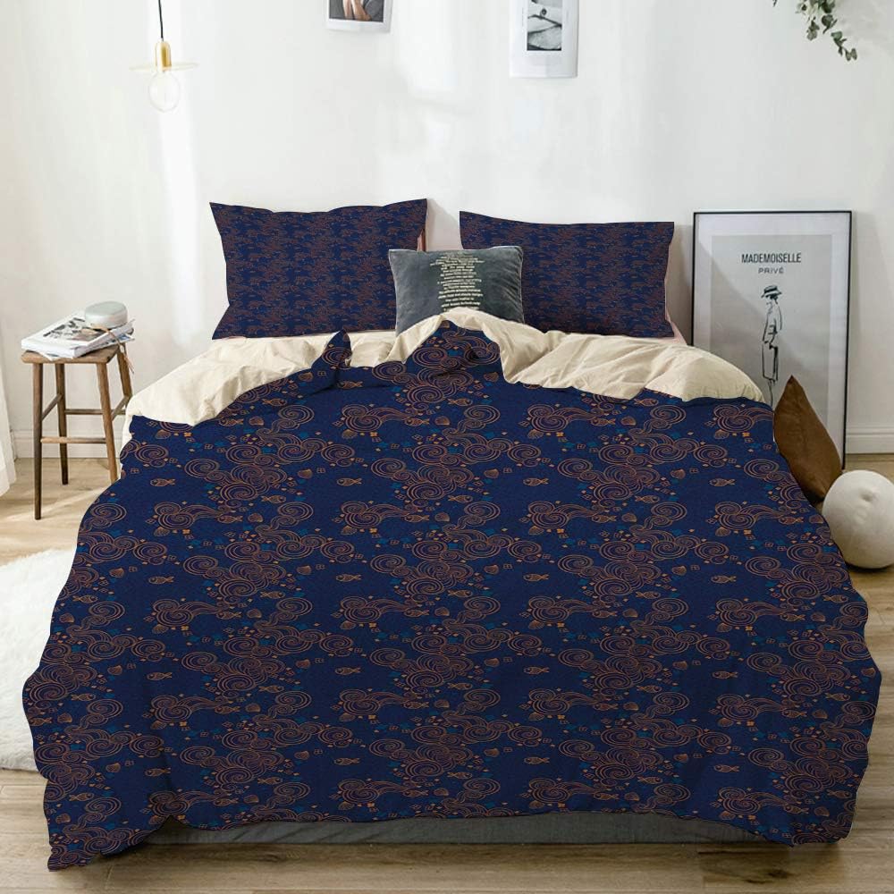 YOLIKA Duvet Cover Set Cute Flourish Pattern of Swirling Ornaments with Fish Shell and Flowers Beige Decorative 3 Piece Bedding Set with 2 Pillow Shams King Size