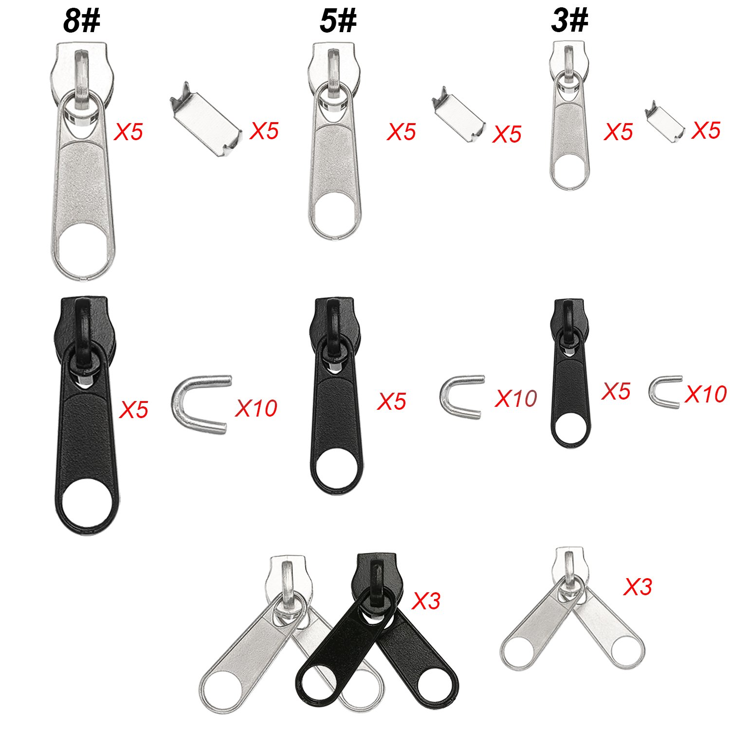 TecUnite 85 Pieces Zipper Repair Kit Zipper Pull Replacement with Instruction Manual and Install Pliers Tool for Sewing Luggage Jackets Coat Jeans, Black and Silver