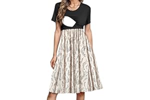 PARNIXS Women's Nursing Dress Summer Short Sleeve Patchwork Pregnancy Clothes with Pockets