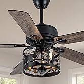 TOPASSTX 52" Farmhouse Ceiling Fan with Light and Remote, Rustic Fandelier Ceiling Fan with Deer & Bear Cut-out Drum Cage, Qu