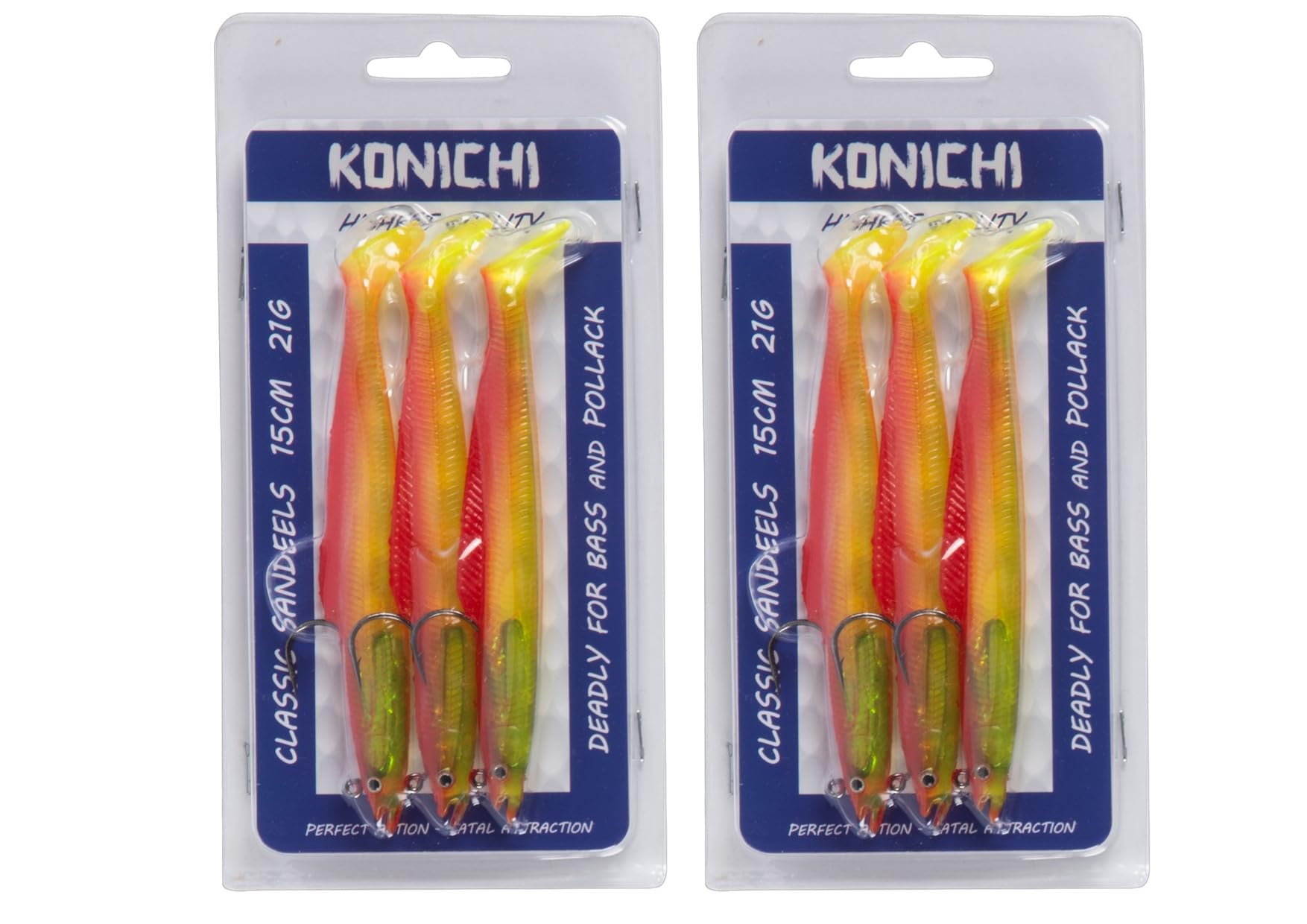FISHZONE - 6 (2 x 3) Pack KONICHI CLASSIC SANDEEL Fishing Lure 6" 15cm 21g Soft Rubber Imitation Bait Range (6 Colours Available) For Predatory Fishing. UK Supplier (Rhubarb & Custard)