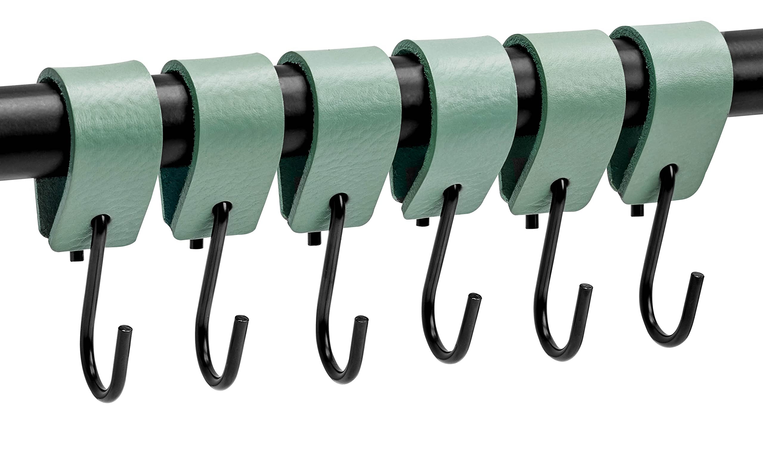 Brute Strength - Leather S Hooks for Hanging - Pale Green - 6 Pieces - Incl. Silver & Black Hooks for Hanging Coats, Cups, Towels, Kitchen Leather s-Hooks