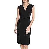 Calvin Klein Womens Sleeveless V-Neck Belted Crepe Sheath Knee Length Dress