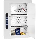 Grimtron Electronic Wall Safe Between 16" &amp; 24" Studs with Shelves &amp; Hooks | 2 Mounting Options White Hidden In Wall Safe For 16" &amp; 24" Studs, Electronic Keypad, Pegboard, Silent Mode &amp; USB Port