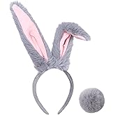 WHGAW Bunny Ears Headband and Tail Halloween Bunny Costume Accessories Rabbit Ears Women Cosplay Party Set Grey