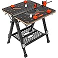 VEVOR Folding Work Table, 2-in-1 as Sawhorse & Workbench, 1000 lbs Capacity, 7 Adjustable Heights, Steel Legs, Portable Foldable Tool Stand with Wood Clamp, 4 Bench Dogs, 2 Hooks, Easy Garage Storage