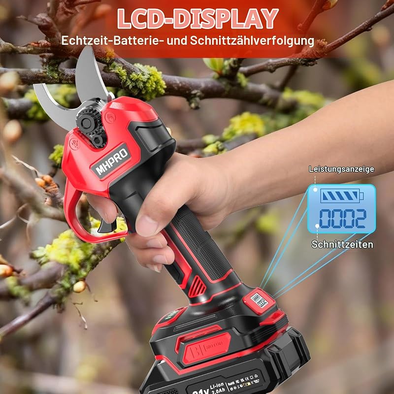 Akku Astschere, MHPRO 30MM Elektrische Gartenschere mit 2 Akkus 2000mAh, 600W Bürstenloser Motor Bypass Baumschere, Garten Schere mit LCD-Elektrische Baumschere-für Garten Äste Obstgärten, Rot