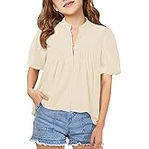 Girls Puff Short Sleeve Shirts Kids Casual Pleated Half Button Loose Blouse Summer Tops 5-14 Years