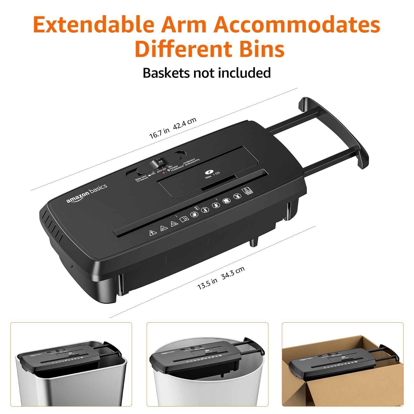 Amazon Basics 8-Sheet Strip Cut Paper, CD, and Credit Card Shredder with Auto-Off Compact, Portable Design, No Basket, Extendable Arm, Black