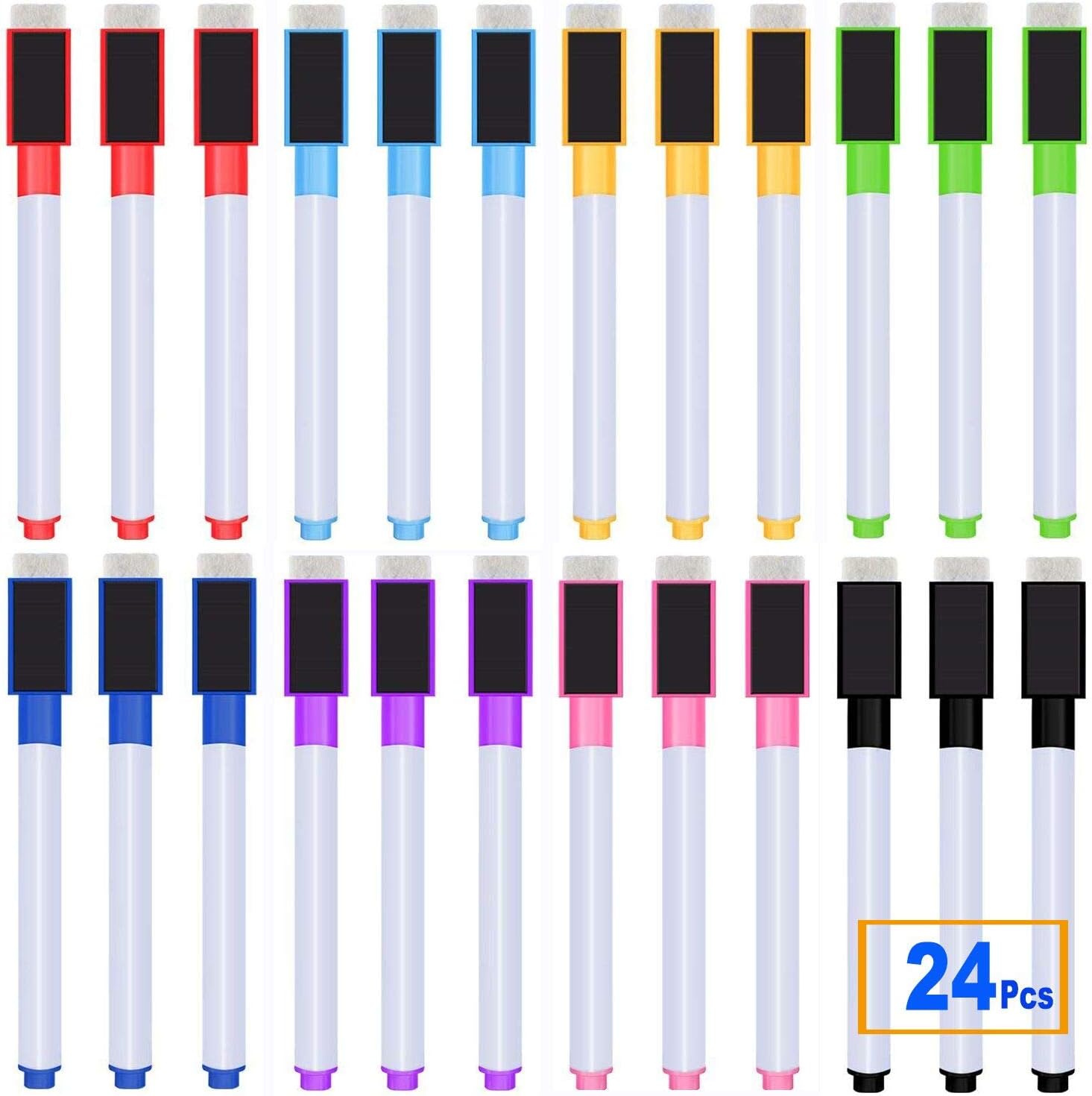 24 Pcs Magnetic Dry Erase Markers Whiteboard Marker Pens 8 Assorted colors with Erasers Cap for Home School Business and Office Use