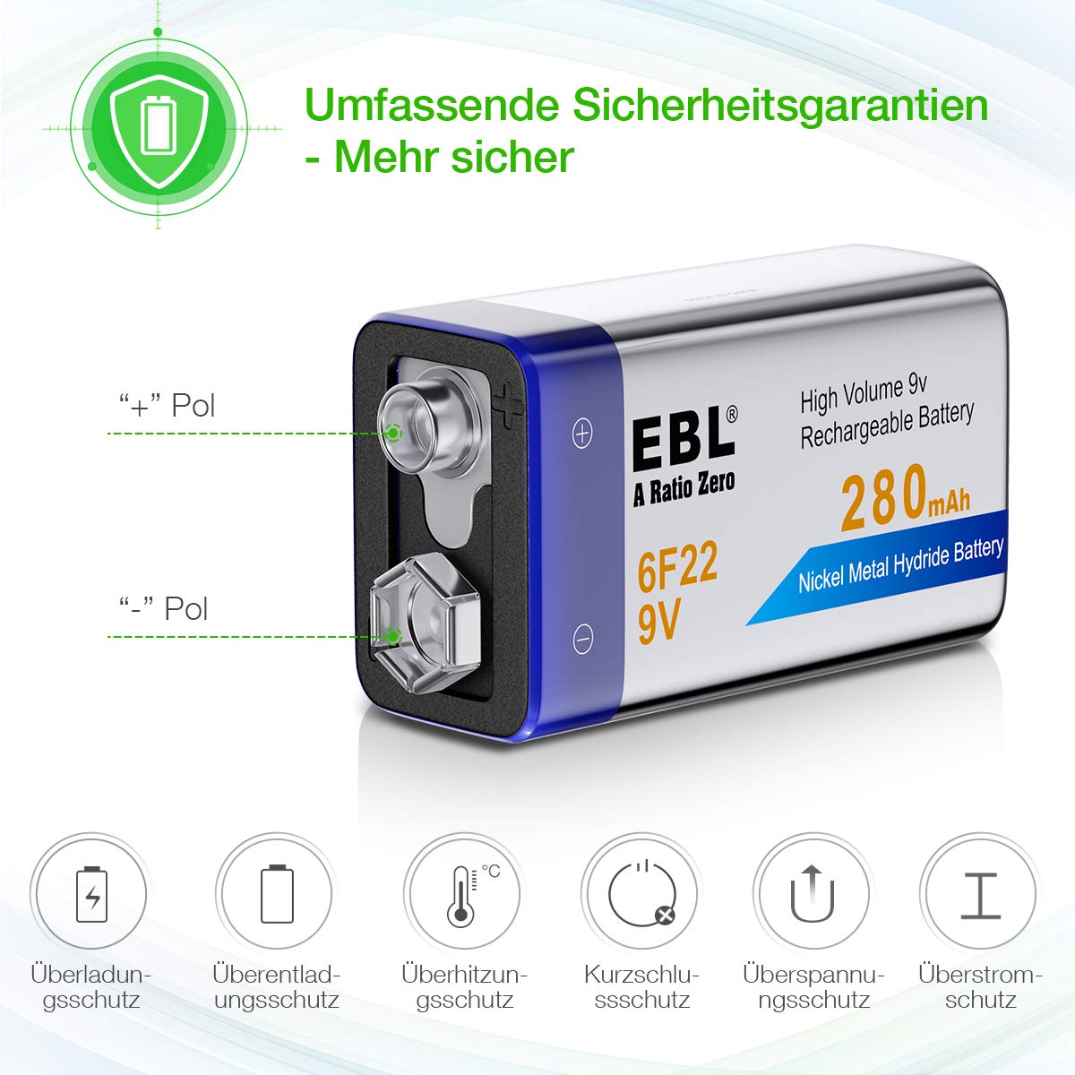 EBL 280mAh 9Volt Block Ni-MH wiederaufladbare 6F22 9V Akku 4 Stück
