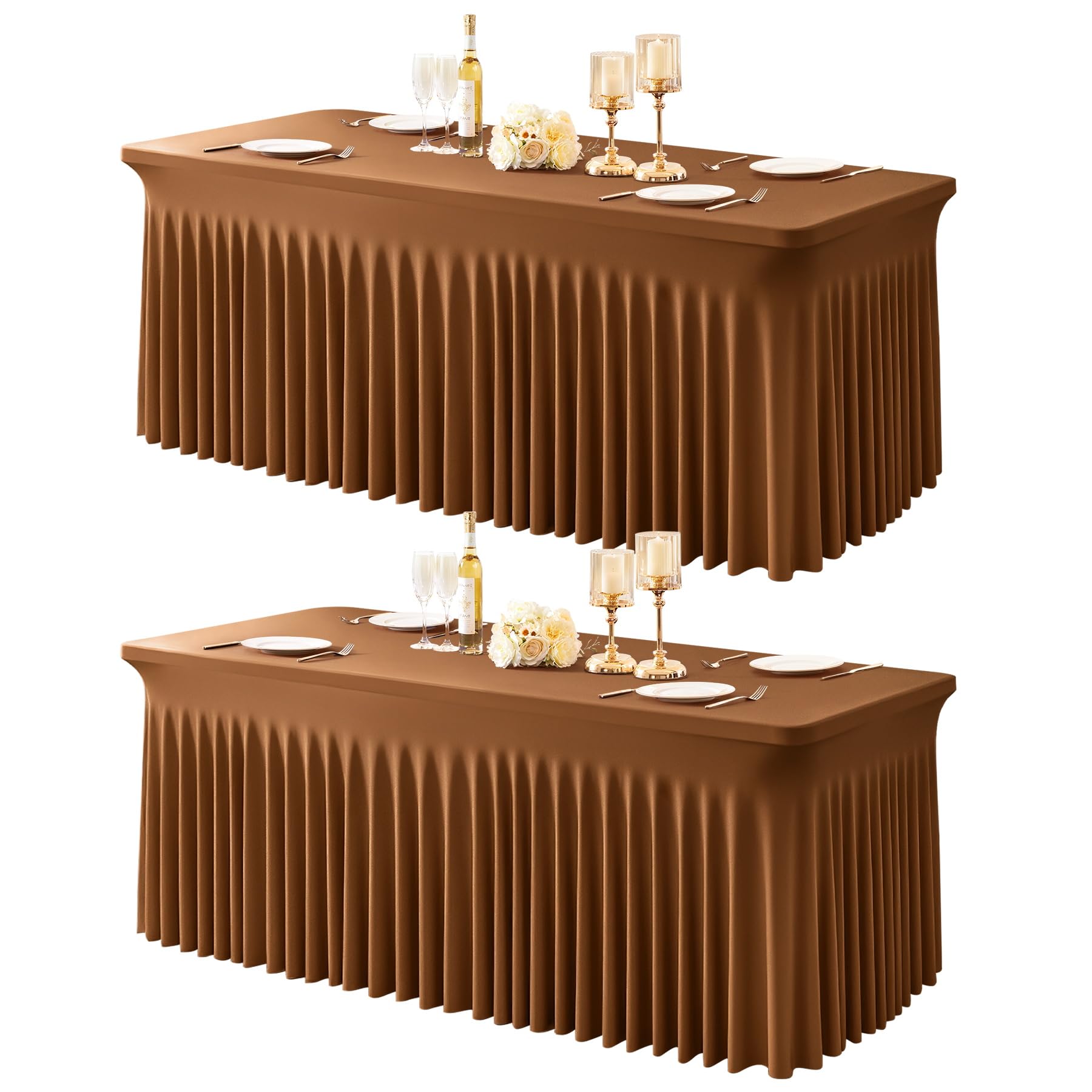 Photo 1 of 2 Packs Brown Table Clothes for 4 Foot Rectangle Tables, One-Piece Wrinkle Resistant Stretch Spandex Table Covers with Skirt for Event Banquet Wedding Birthday Party