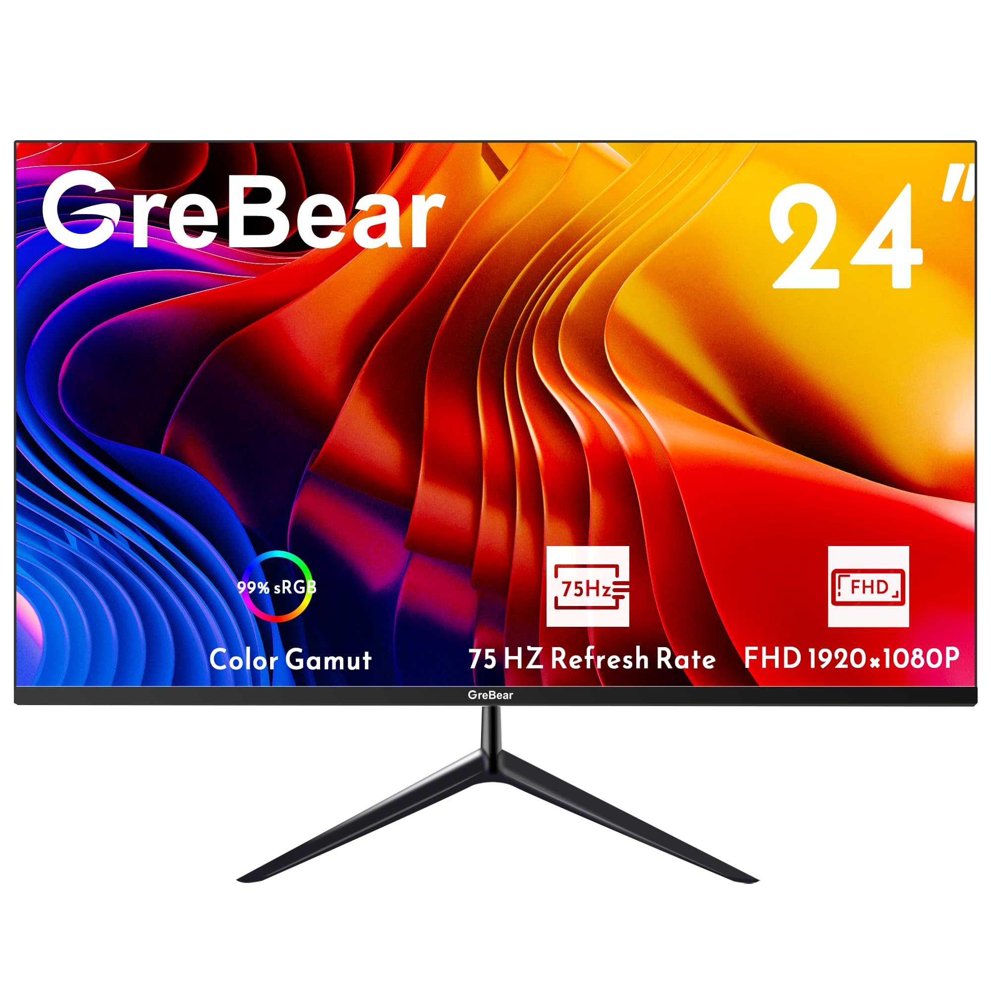 GreBear 24 Inch Computer Monitor, FHD 1080p PC Monitor 75hz Built in Speakers, 99% sRGB Low Blue Light Anti-Glare VA Screen Desktop Display w/HDMI/USB Type-C/Freesync Tilt Adjustable 75 x 75 mm VESA