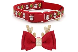 azuza Christmas Dog Collar, Adjustable Holiday Pet Collar with Antler Bowtie and Snowman Accessories for Small Dogs