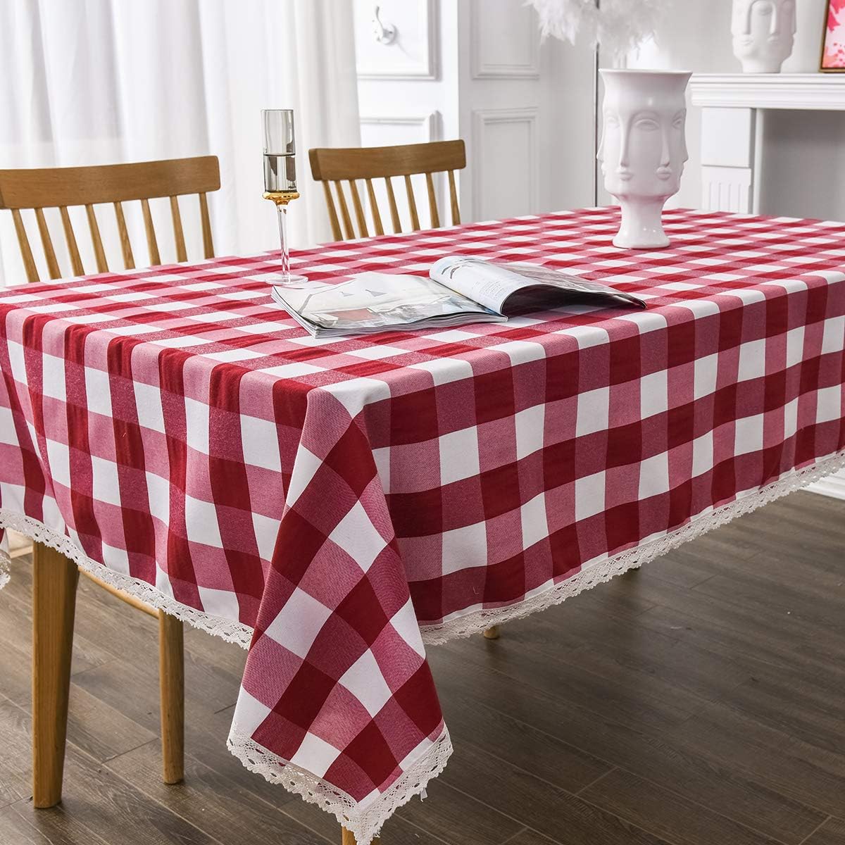 BEBEN Lace Checkered Tablecloth,Spillproof and Washable Polyester Table Cloth for Rectangle Tables,52-Inch-by-70,Red and White Checkered,Seats 4 to 6 People: Kitchen & Dining