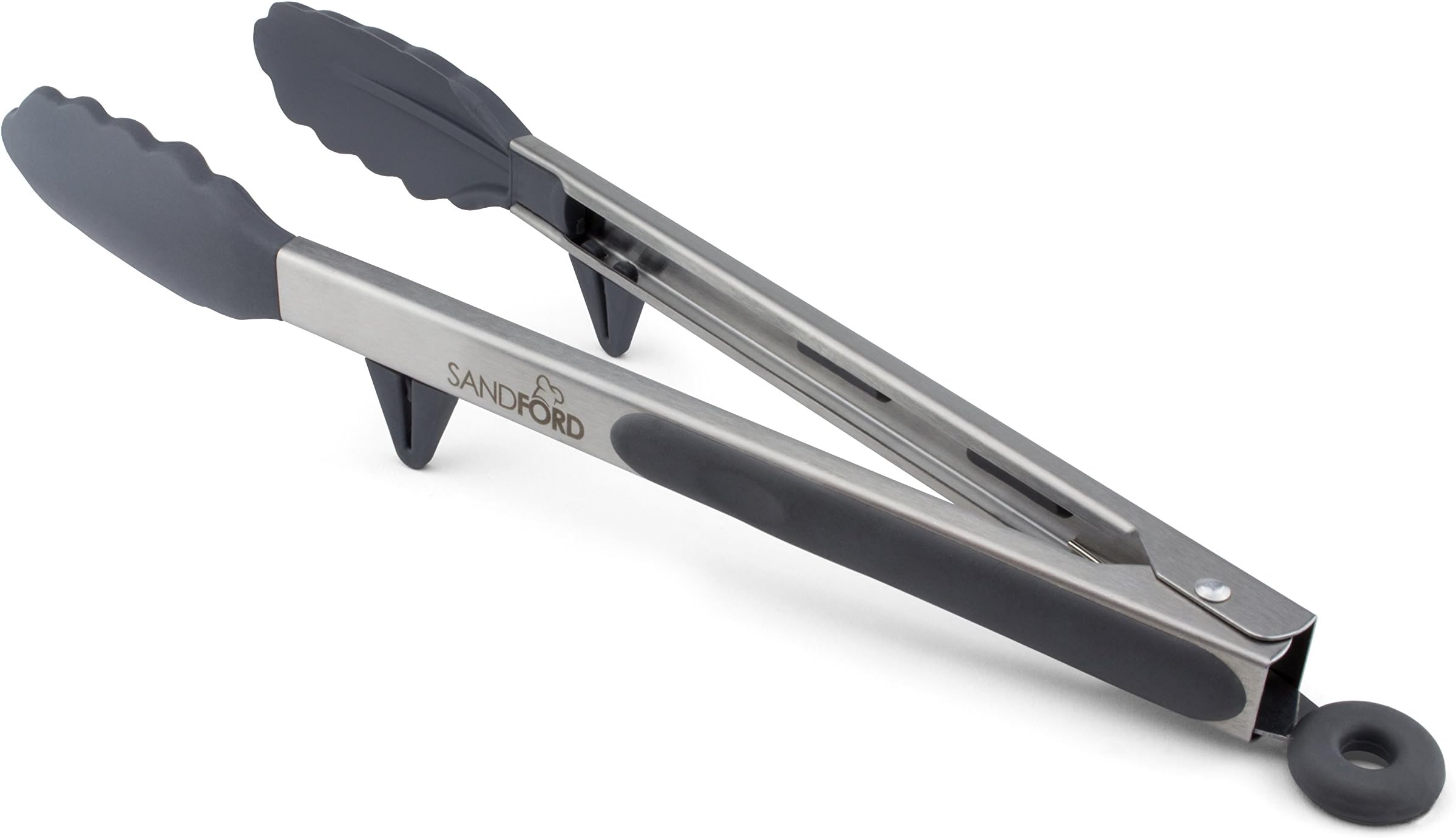 Clever Kitchen and Barbecue Tongs Premium Sandford kitchen tongs with integrated stand. Hygienic for cooking, grilling, baking and serving. Stainless steel with silicone in best quality, compliant with German regulations (may not apply in the UK). The perfect universal multi-purpose tongs for meat, salad, spaghetti, sausages, rolls and much more.