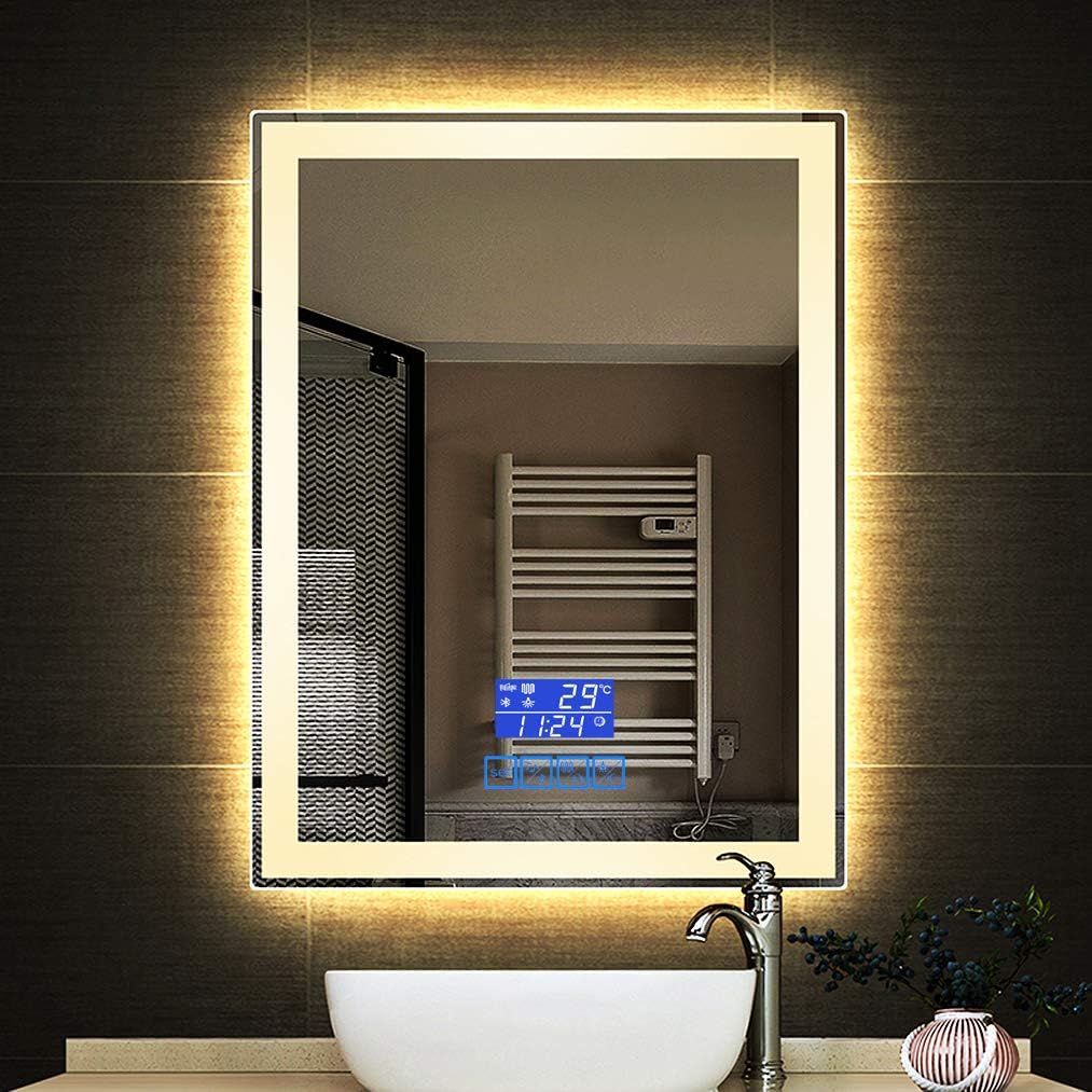 HORV Dimmable Rectangle Touch Wall Mirror with Dimmer & Lights, Wall Mounted LED Mirror, Modern LED Lighted Vanity Bathroom Mirror, Smart Mirror Bathroom